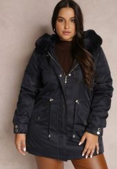 Granatowa Kurtka Parka Nylonowa Mivo. Niebieskie kurtki damskie Renee, plus size, bez wzorów, z futra, bez kaptura. Za 119.99 zł.