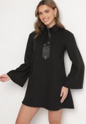 Czarna Sukienka Trapezowa z Szerokimi Rękawami Kołnierzykiem i Krawatem Ralliora. Czarne sukienki damskie Born2be, bez wzorów, eleganckie, bez ramiączek. W wyprzedaży za 127.49 zł.
