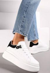 Białe Sznurowane Sneakersy na Platformie z Aplikacją przy Sznurówkach Khirlie. Białe obuwie sportowe damskie Renee, bez zapięcia. Za 39.99 zł.