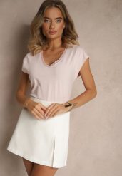 Jasnoróżowy T-shirt z Bawełny Ozdobiony Koronką Ralienne. Czerwone t-shirty damskie Renee, l, bez wzorów, z bawełny, bez kołnierzyka. Za 44.99 zł.