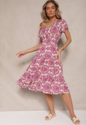 Różowa Rozkloszowana Sukienka z Bawełny z Gumką w Talii Desanita. Czerwone sukienki damskie Renee, bez wzorów, z bawełny, eleganckie, bez ramiączek. W wyprzedaży za 32.99 zł.