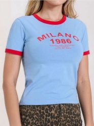 Bawełniana koszulka z napisem - niebieski. Niebieskie koszulki damskie Sinsay, l, bez wzorów, z bawełny, bez kołnierzyka, bez ramiączek. Za 25.99 zł.