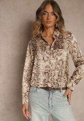 Brązowa Koszula Vices z Satynowej Tkaniny w Wężowy Print Resmina. Brązowe koszule damskie Renee, l, bez wzorów, z jeansu, eleganckie, bez kołnierzyka, bez ramiączek. Za 79.99 zł.