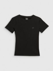 4F T-shirt slim prążkowany damski - czarny S. Czarne t-shirty damskie 4F, s, bez wzorów, z dzianiny, bez kołnierzyka. Za 49.99 zł.