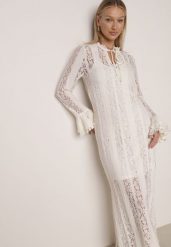 Beżowa Koronkowa Sukienka o Taliowanym Kroju z Wiązaniem przy Dekolcie Nevellirae. Brązowe sukienki damskie Born2be, bez wzorów, z koronki, eleganckie, bez ramiączek. Za 159.99 zł.