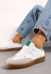 Biało-Zielone Sneakersy Tenisówki na Kauczukowej Podeszwie Ondriama. Białe obuwie sportowe damskie Born2be, z kauczuku, bez zapięcia, tenisowe. Za 84.99 zł.