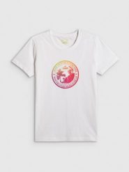 4F T-shirt regular z nadrukiem damski - biały S. Białe t-shirty damskie 4F, s, bez wzorów, z bawełny, bez kołnierzyka. Za 59.99 zł.