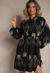 Czarna Bawełniana Sukienka Ozdobiona Palmowym Haftem Sarlio. Czarne sukienki damskie Renee, bez wzorów, z bawełny, eleganckie, bez ramiączek. W wyprzedaży za 143.99 zł.