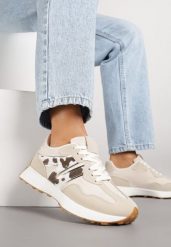 Beżowo-Brązowe Sneakersy Ozdobione Geometrycznym Motywem w Krowie Łaty Rilameia. Czarne obuwie sportowe damskie Renee, na lato, z jeansu, bez zapięcia. Za 99.99 zł.