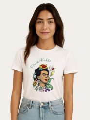WOOOP Koszulka "Frida Kahlo Flowers" w kolorze białym rozmiar: M. Białe koszulki damskie Wooop, m, bez wzorów, z bawełny, bez kołnierzyka, bez ramiączek. Za 56.99 zł.
