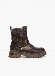 Botki sznurowane Mustang z klamrami. Brązowe botki damskie bonprix, bez obcasa, bez zapięcia. Za 229.99 zł.