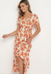 Pomarańczowa Wiskozowa Sukienka o Rozkloszowanym Kroju z Gumką w Talii i Materiałowym Paskiem Vikletta. Brązowe sukienki damskie Born2be, bez wzorów, z materiału, eleganckie, bez ramiączek. Za 99.99 zł.