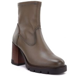 Botki damskie na słupku khaki Potocki 12419. Brązowe botki damskie POTOCKI, z materiału, bez obcasa, na słupku, bez zapięcia. Za 199.99 zł.