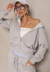 Szara Rozpinana Bluza z Bawełny z Kapturem Ozdobiona Sznurkami Telidwena. Szare bluzy damskie Renee, l, bez wzorów, z bawełny, z kapturem. Za 59.99 zł.