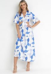 Niebieska Rozkloszowana Sukienka Maxi z Kopertowym Dekoltem z Ozdobnym Wiązaniem Hanie. Niebieskie sukienki damskie Born2be, bez wzorów, bez ramiączek. Za 149.99 zł.