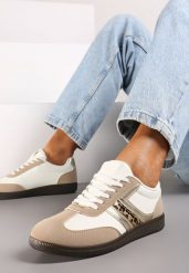 Ciemnobeżowe Stylowe Sneakersy na Płaskiej Podeszwie z Geometrycznymi Przeszyciami Rialine. Brązowe obuwie sportowe damskie Born2be, z jeansu, bez zapięcia. Za 69.99 zł.