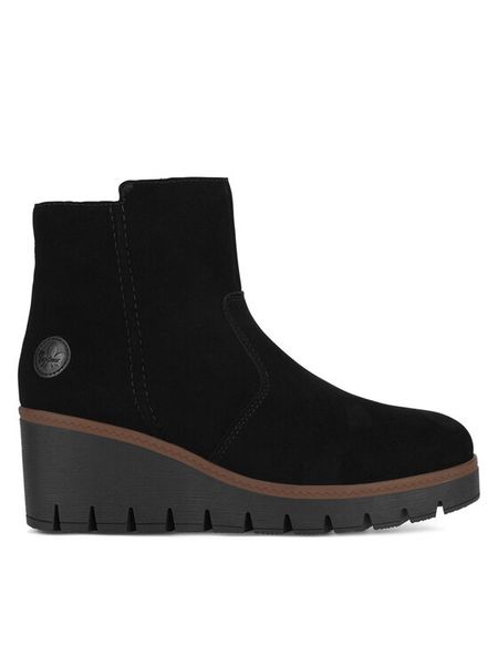 Rieker Botki Y5065-00 Czarny. Czarne botki damskie Rieker, ze skóry, bez obcasa, na koturnie, bez zapięcia. Za 335.00 zł.