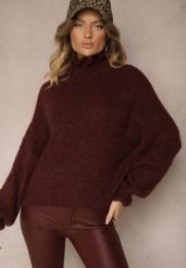 Bordowy Golf z Wełną i Wiskozą Oversize Ozdobiony przy Dekolcie z Falbanką Ninnatria. Czerwone golfy damskie Renee, l, z aplikacjami, z wełny, bez ramiączek. Za 159.99 zł.