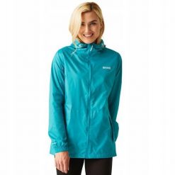 Kurtka trekkingowa damska Pack It Jacket III kieszonkowa przeciwdeszczowa. Niebieskie kurtki sportowe damskie Regatta, l, bez wzorów, z materiału, z kapturem. Za 109.99 zł.