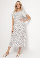 Biała Sukienka z Bawełny o Rozkloszowanym Kroju w Kropeczki Lisadrisa. Białe sukienki damskie Born2be, bez wzorów, z bawełny, eleganckie, bez ramiączek. Za 79.99 zł.