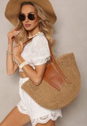Ciemnobeżowa Jednokomorowa Torebka z Plecionej Rafii w Stylu Boho Idarkia. Brązowe torebki klasyczne damskie Renee, bez dodatków. Za 74.99 zł.