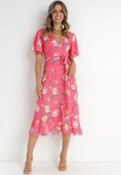 Fuksjowa Sukienka Rirra. Czerwone sukienki damskie Born2be, bez wzorów, bez ramiączek. Za 189.99 zł.