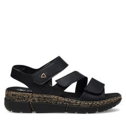 Sandały Rieker. Czarne sandały damskie Rieker, bez wzorów, bez obcasa, na koturnie, bez zapięcia. Za 289.99 zł.