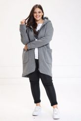Ciepły płaszcz bluza Zita w szarym kolorze duże rozmiary XXL OVERSIZE. Szare bluzy damskie Moda Size Plus Iwanek, m, bez wzorów, z bawełny, bez kaptura. W wyprzedaży za 199.90 zł.