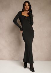 Czarna Sukienka Koktajlowa z Wiskozą Ozdobiona Metaliczną Aplikacją Refane. Czarne sukienki damskie Renee, z aplikacjami, z wiskozy, bez ramiączek. Za 139.99 zł.