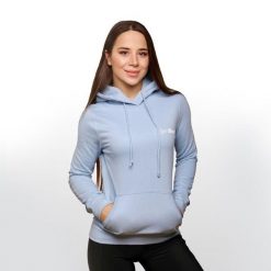 Bluza damska fitness z kapturem niebieska PRO Hoodie. Niebieskie bluzy damskie GYMBEAM, l, bez wzorów, z bawełny, z kapturem. Za 88.90 zł.
