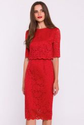 Elegancka ołówkowa dwuczęściowa sukienka koronkowa czerwona. Czerwone sukienki damskie Stylove, bez wzorów, z koronki, eleganckie, bez ramiączek. Za 449.00 zł.