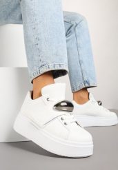 Białe Sneakersyn na Platformie z Metaliczną Aplikacją Welveria. Białe obuwie sportowe damskie Renee, na lato, z jeansu, bez zapięcia. Za 89.99 zł.