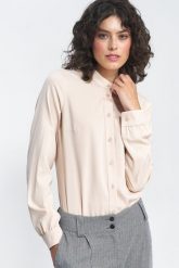 Elegancka Bluzka na Stójce - Beżowa. Brązowe bluzki damskie Nife, xs, bez wzorów, z materiału, eleganckie, bez kołnierzyka, bez ramiączek. Za 209.90 zł.
