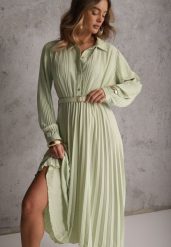 Zielona Koszulowa Sukienka z Plisowanymi Zdobieniami i Paskiem z Klamrą Efrivelle. Zielone sukienki damskie Renee, z aplikacjami, eleganckie, bez ramiączek. Za 129.99 zł.