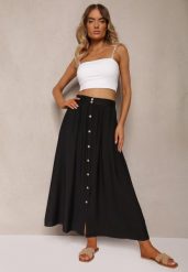 Czarna Wiskozowa Spódnica Rozkloszowana z Lnem Ozdobiona Guzikami Namsila. Czarne spódnice damskie Renee, na co dzień, m, z aplikacjami, z bawełny, eleganckie, maxi. Za 59.99 zł.