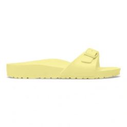 BIRKENSTOCK Madrid EVA Popcorn Klapki damskie. Żółte klapki damskie Birkenstock, bez wzorów, bez obcasa, bez zapięcia. Za 189.99 zł.