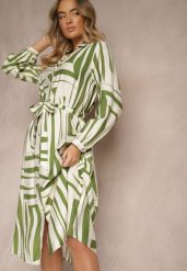 Zielona Sukienka z Wiskozą o Koszulowym Kroju w Geometryczny Print Ninatria. Zielone sukienki damskie Renee, bez wzorów, z wiskozy, eleganckie, bez ramiączek. W wyprzedaży za 107.99 zł.