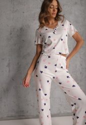 Biały Elastyczny Komplet Piżamowy w Serduszka Spodnie i Top Isle. Białe komplety bielizny Renee, bez wzorów, z materiału. Za 79.99 zł.