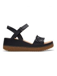 Clarks Skórzane sandały "Kassanda Bar" w kolorze czarnym na koturnie rozmiar: 40. Czarne sandały damskie Clarks, bez wzorów, z otwartym noskiem, bez obcasa, na koturnie, bez zapięcia. Za 218.95 zł.