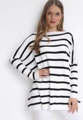 Biały Sweter Oversize w Paski z Rękawami Nietoperz Caelania. Białe swetry klasyczne damskie Born2be, bez kołnierzyka. Za 89.99 zł.