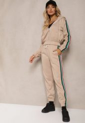 Beżowy Komplet Dresowy z Kolorowym Lampasem Bluza z Kapturem i Spodnie Joggery Nevarielles. Brązowe bluzy damskie Renee, l, bez wzorów, z dresówki, z kapturem. Za 99.99 zł.