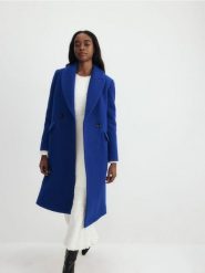 Wełniany płaszcz dwurzędowy - niebieski. Niebieskie płaszcze damskie Reserved, l, bez wzorów, z tkaniny, bez kaptura. W wyprzedaży za 399.99 zł.