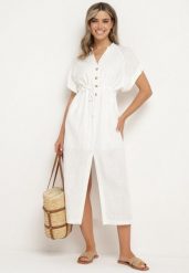 Biała Bawełniana Sukienka z Koszulową Górą i Ściągaczem w Talii Vikleta. Białe sukienki damskie Born2be, bez wzorów, z bawełny, klasyczne, bez ramiączek. Za 109.99 zł.