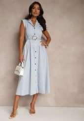 Niebieska Koszulowa Sukienka z Ozdobnym Paskiem Deviolin. Niebieskie sukienki damskie Renee, z aplikacjami, eleganckie, bez ramiączek. W wyprzedaży za 119.99 zł.