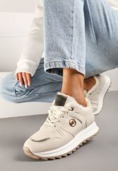 Beżowe Płaskie Sznurowane Sneakersy Ocieplane Ozdobione Metalicznymi Aplikacjami Delanoria. Brązowe obuwie sportowe damskie Renee, z jeansu, bez zapięcia. Za 109.99 zł.