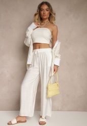 Jasnobeżowe Spodnie z Wiskozy High Waist o Szerokim Kroju Divlise. Brązowe spodnie materiałowe damskie Renee, bez wzorów, z jeansu. Za 39.99 zł.