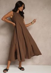 Brązowa Sukienka z Wiskozą o Rozkloszowanym Kroju Bez Rękawów Barneria. Brązowe sukienki damskie Renee, bez wzorów, z bawełny, eleganckie, bez ramiączek. W wyprzedaży za 135.99 zł.