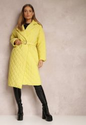 Żółta Kurtka za Kolano z Paskiem Pikowana Oversize Ugduca. Żółte kurtki damskie Renee, na jesień, m, bez wzorów, bez kaptura. Za 119.99 zł.