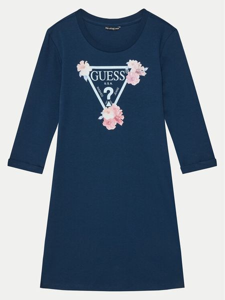 Guess Sukienka codzienna J3YK13 KA6W4 Błękitny Regular Fit. Niebieskie sukienki dziewczęce Guess, z aplikacjami, z bawełny, bez ramiączek, proste. Za 99.99 zł.