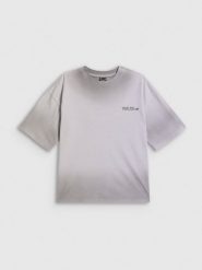 4F T-shirt loose z nadrukiem damski - szary S. Szare t-shirty damskie 4F, s, bez wzorów, z bawełny, bez kołnierzyka. Za 79.99 zł.